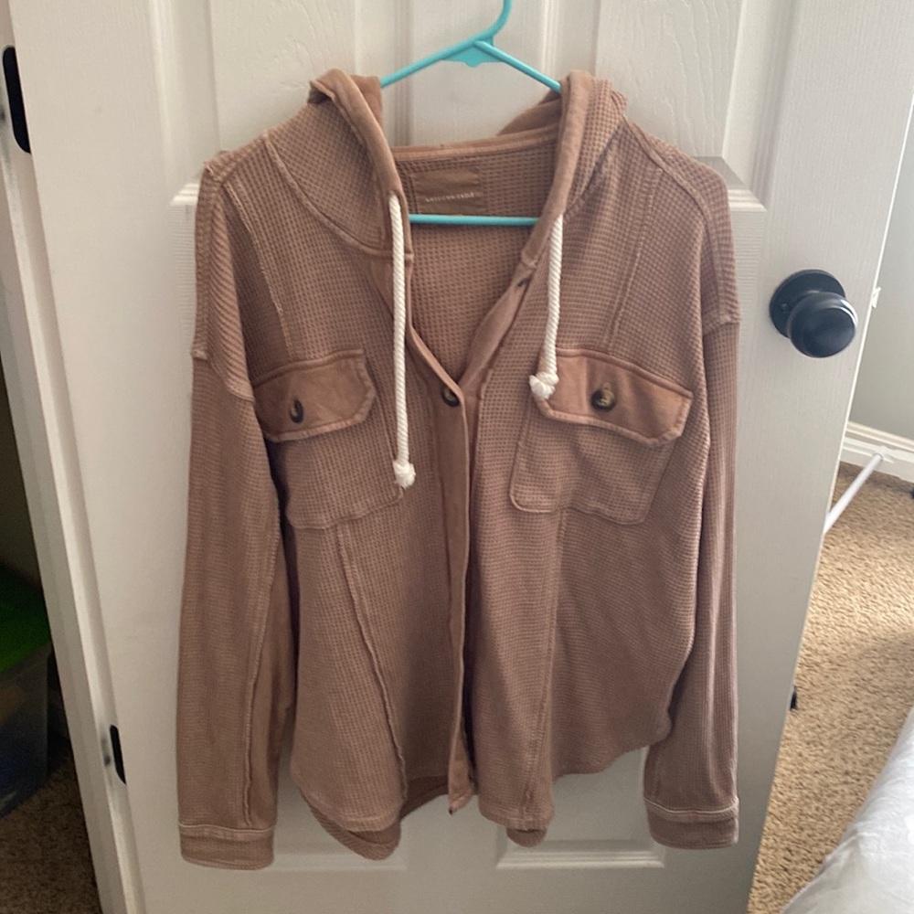 American Eagle Outfitters Tan Hooded Waffle Knit Jacket